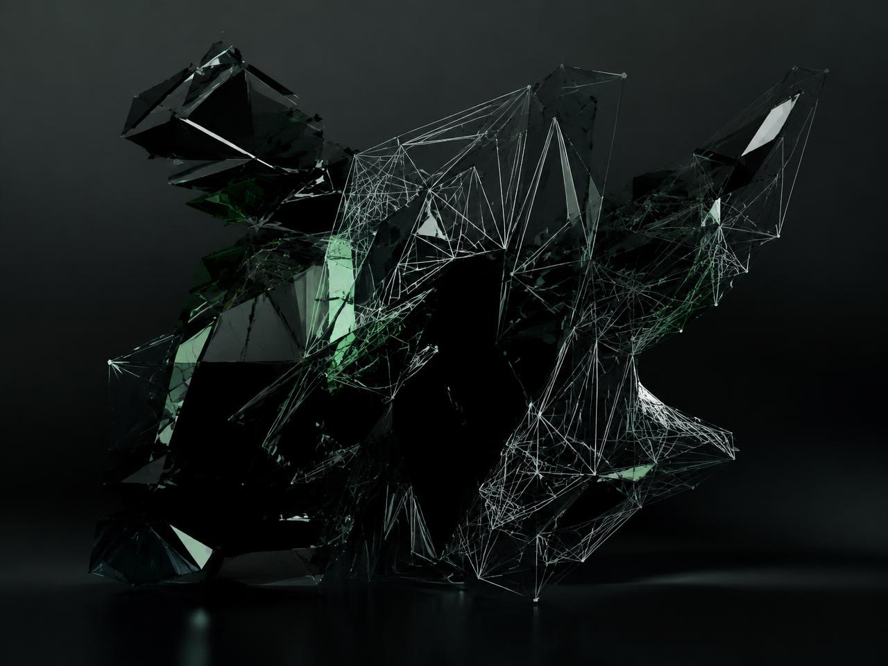 Abstract render of dark glass shards connected by a fine white wireframe mesh